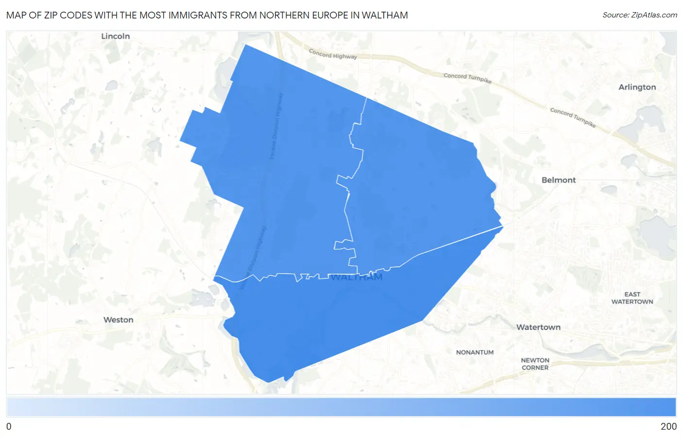 Zip Codes with the Most Immigrants from Northern Europe in Waltham Map