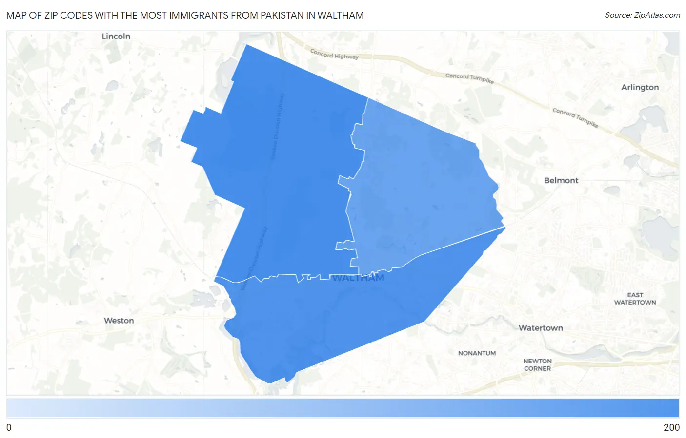 Zip Codes with the Most Immigrants from Pakistan in Waltham Map