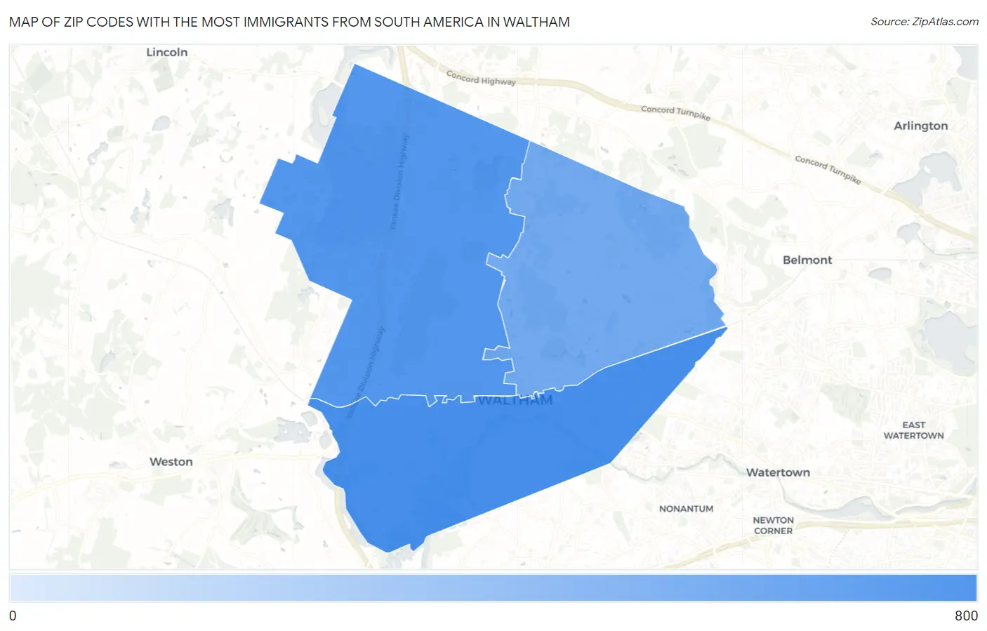 Zip Codes with the Most Immigrants from South America in Waltham Map