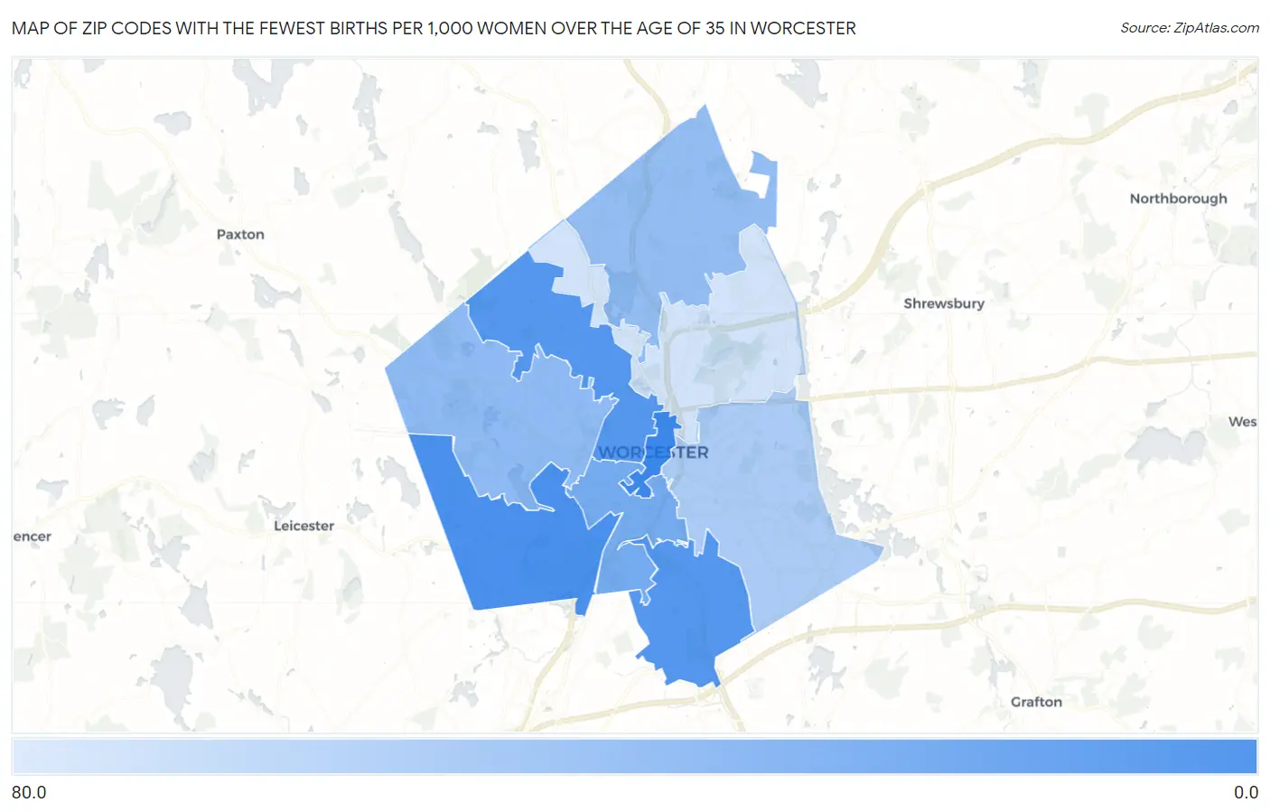 Zip Codes with the Fewest Births per 1,000 Women Over the Age of 35 in Worcester Map