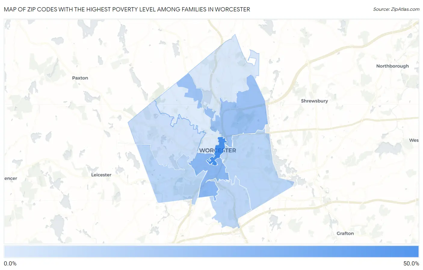 Zip Codes with the Highest Poverty Level Among Families in Worcester Map