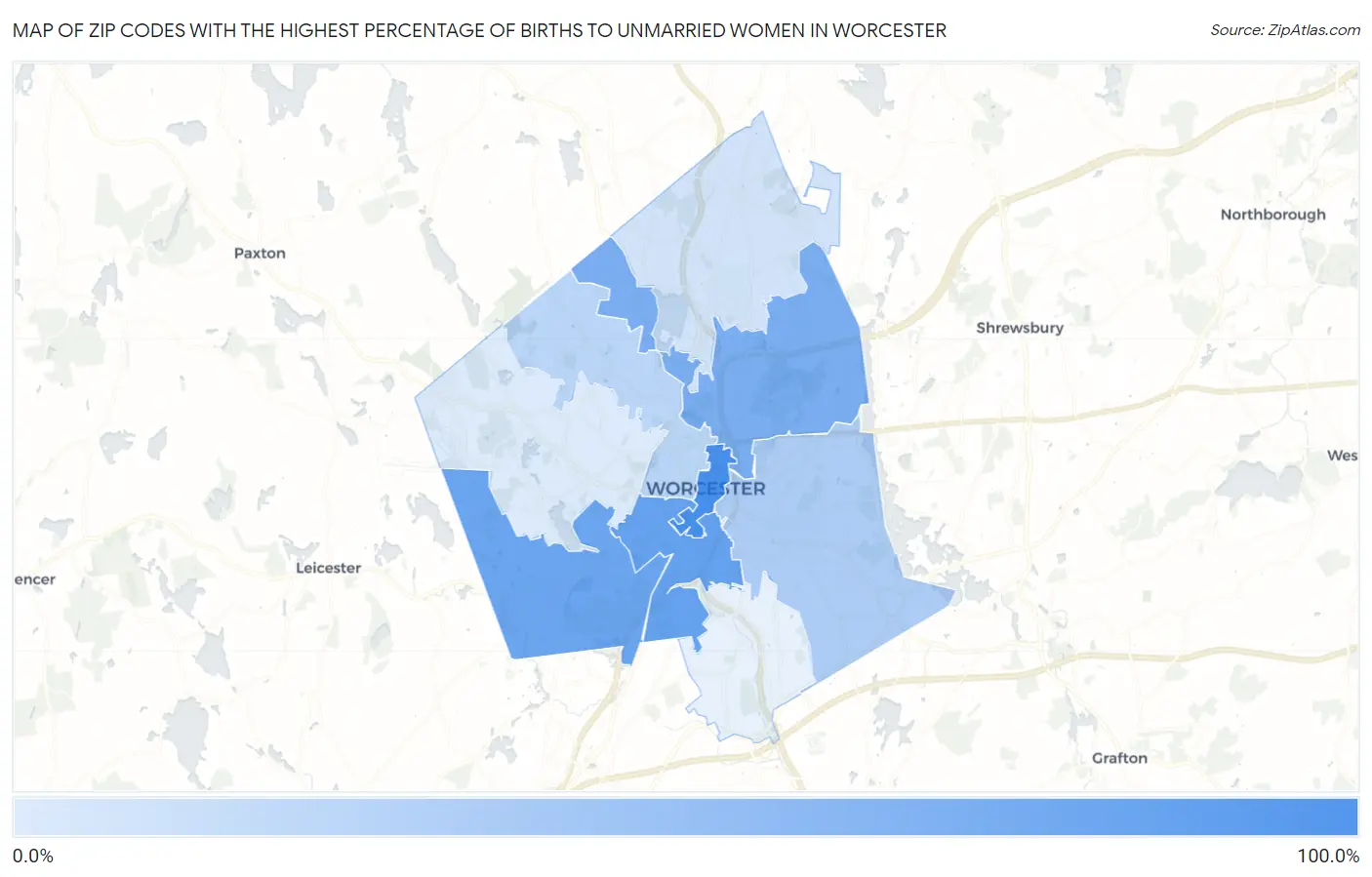 Zip Codes with the Highest Percentage of Births to Unmarried Women in Worcester Map