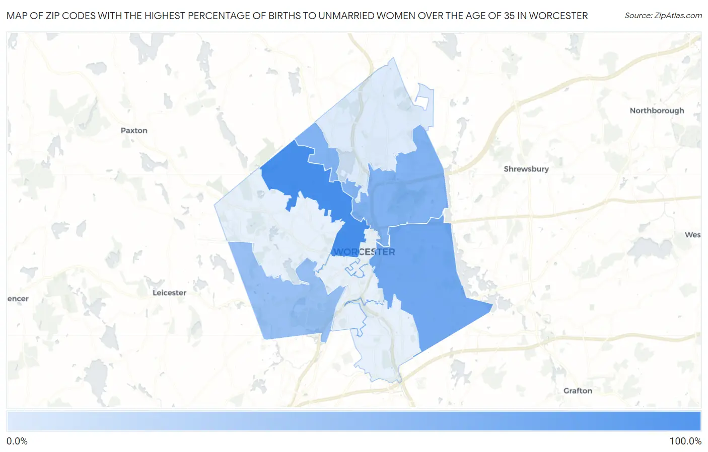 Zip Codes with the Highest Percentage of Births to Unmarried Women over the Age of 35 in Worcester Map