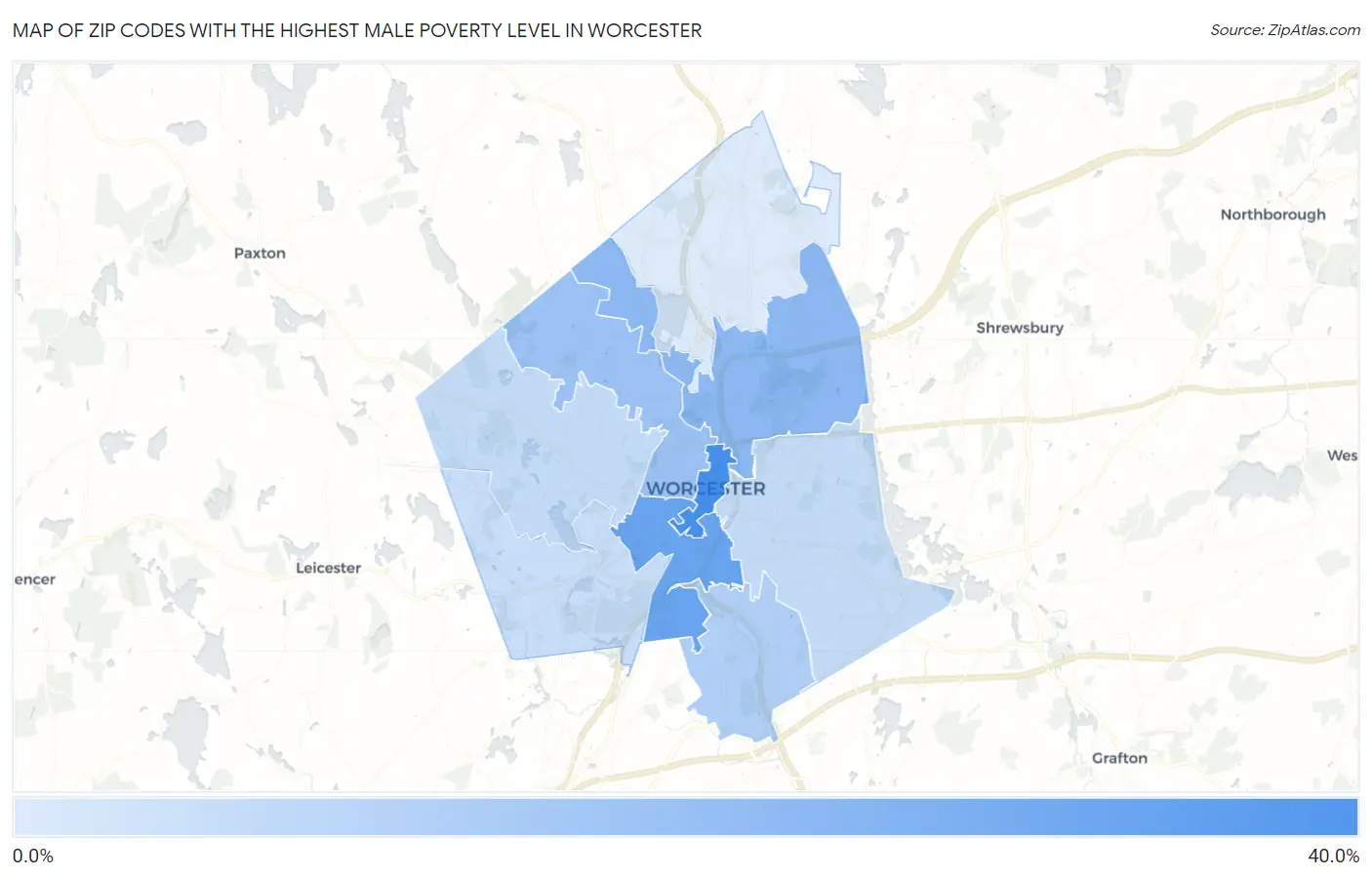 Zip Codes with the Highest Male Poverty Level in Worcester Map