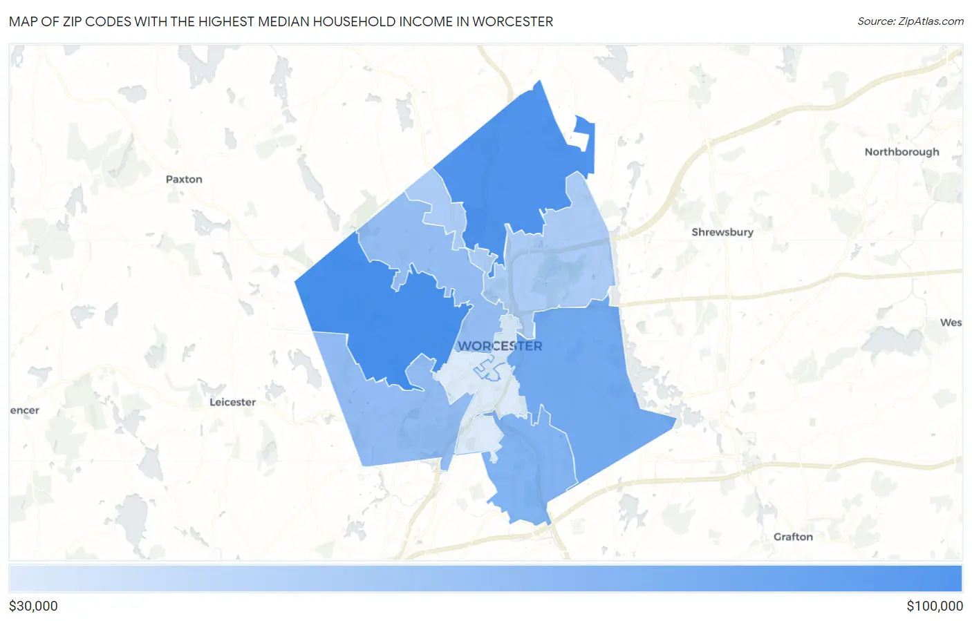 Zip Codes with the Highest Median Household Income in Worcester Map