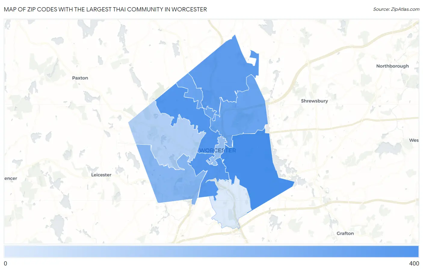 Zip Codes with the Largest Thai Community in Worcester Map