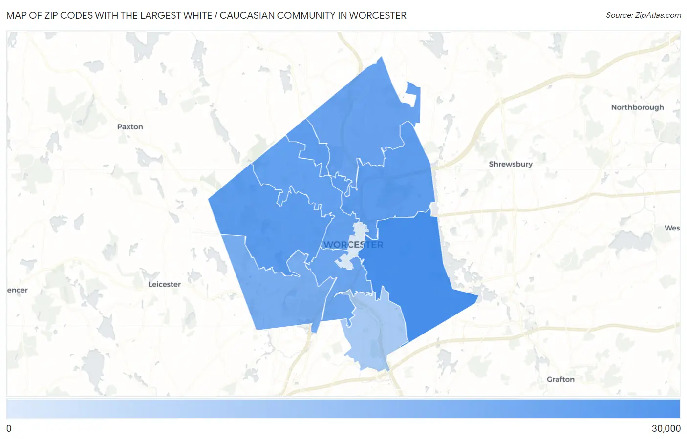 Zip Codes with the Largest White / Caucasian Community in Worcester Map