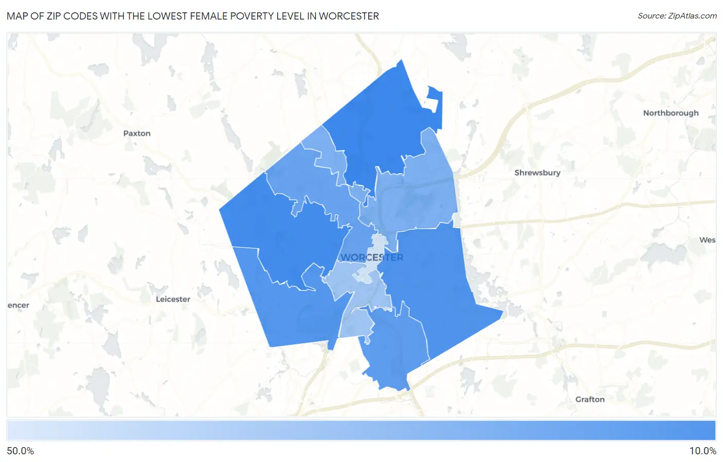 Zip Codes with the Lowest Female Poverty Level in Worcester Map