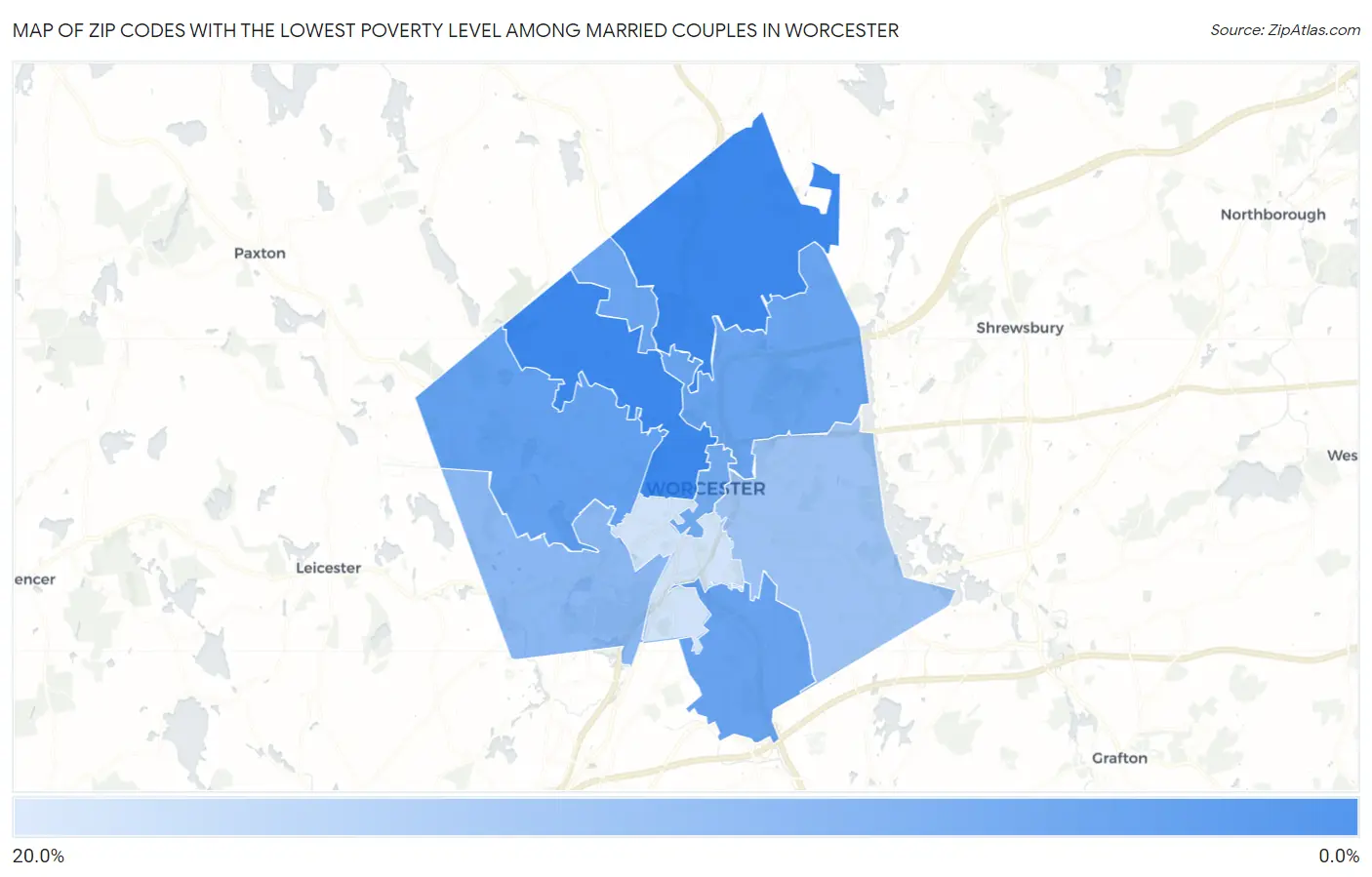 Zip Codes with the Lowest Poverty Level Among Married Couples in Worcester Map