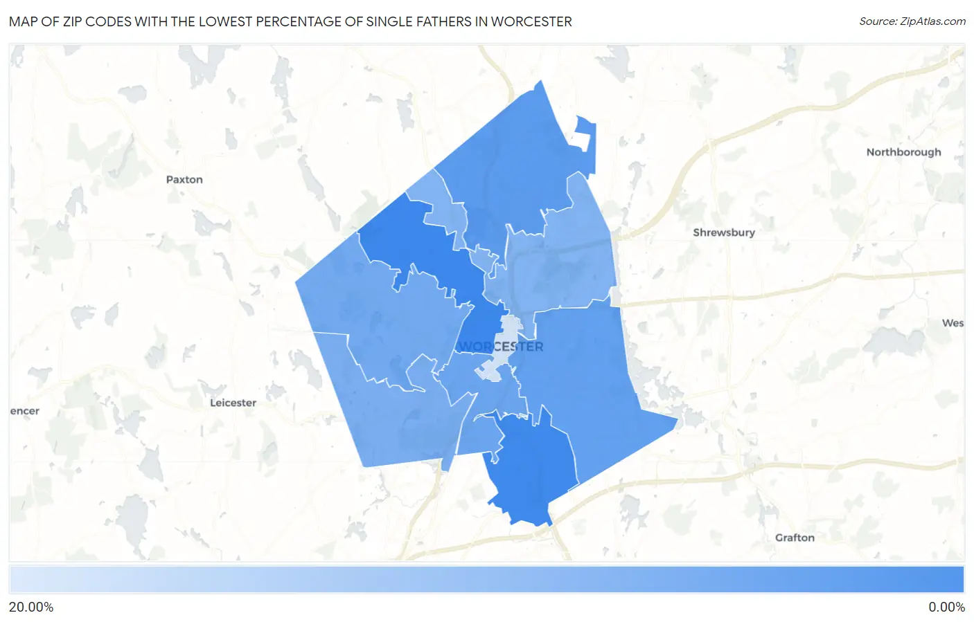 Zip Codes with the Lowest Percentage of Single Fathers in Worcester Map