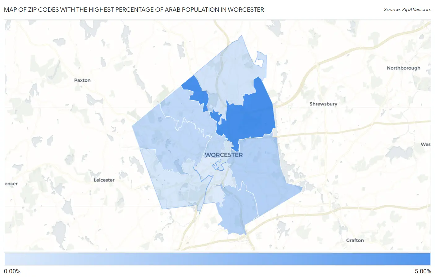 Zip Codes with the Highest Percentage of Arab Population in Worcester Map