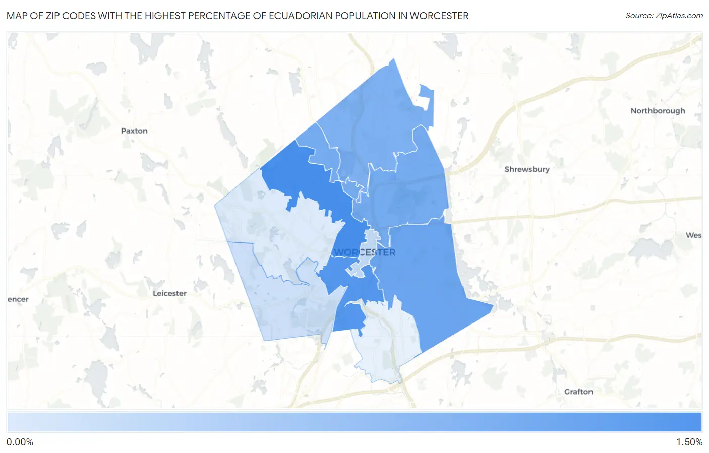 Zip Codes with the Highest Percentage of Ecuadorian Population in Worcester Map