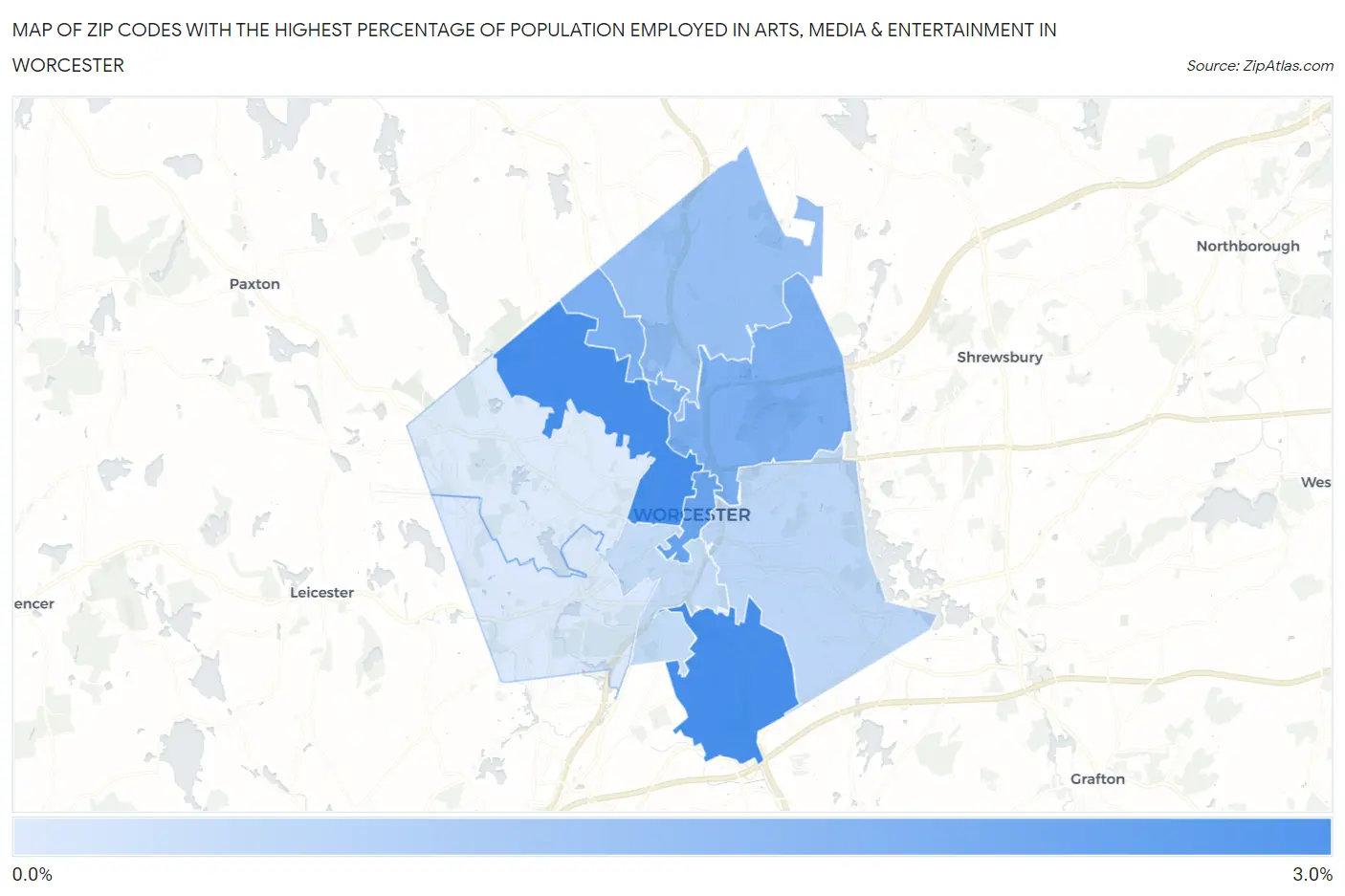 Zip Codes with the Highest Percentage of Population Employed in Arts, Media & Entertainment in Worcester Map