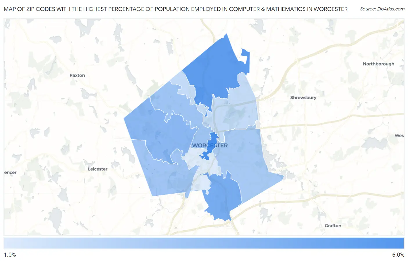 Zip Codes with the Highest Percentage of Population Employed in Computer & Mathematics in Worcester Map
