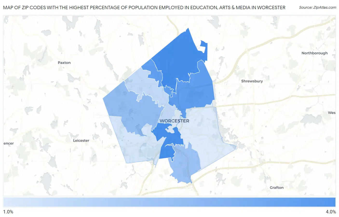 Zip Codes with the Highest Percentage of Population Employed in Education, Arts & Media in Worcester Map