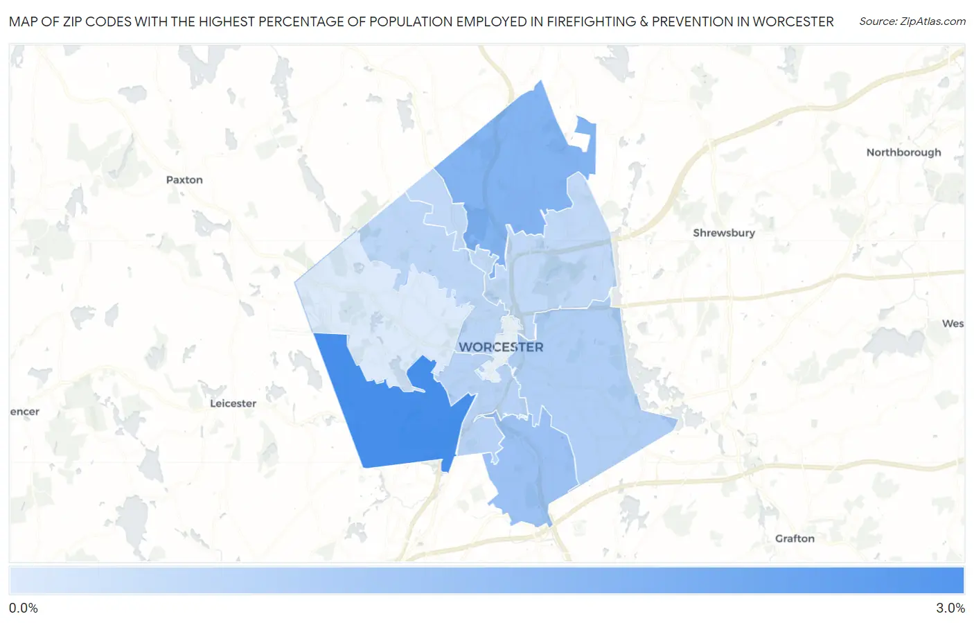 Zip Codes with the Highest Percentage of Population Employed in Firefighting & Prevention in Worcester Map