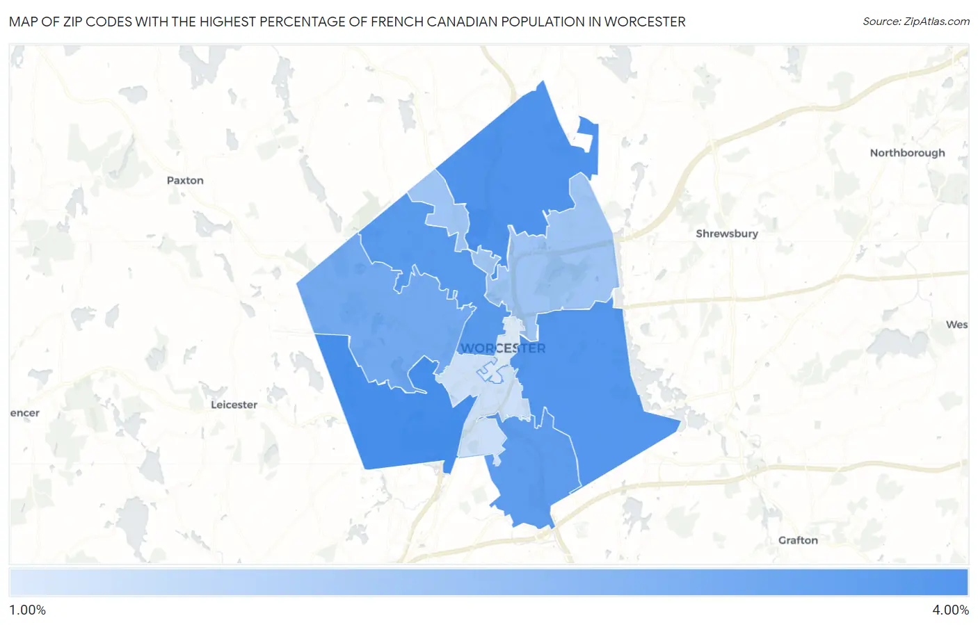 Zip Codes with the Highest Percentage of French Canadian Population in Worcester Map
