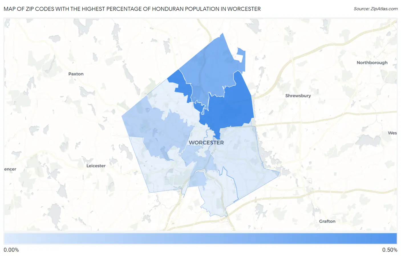 Zip Codes with the Highest Percentage of Honduran Population in Worcester Map