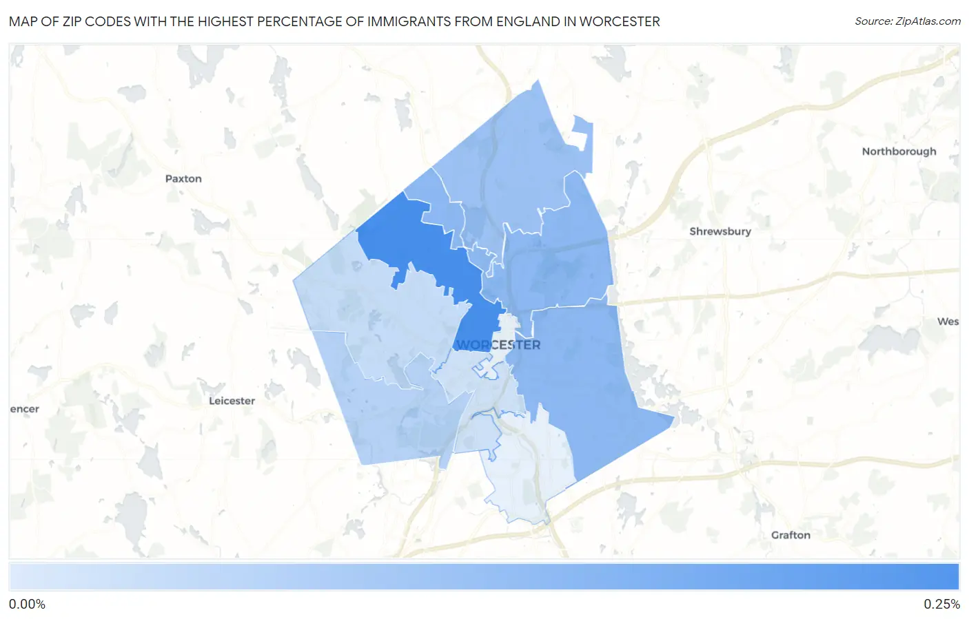 Zip Codes with the Highest Percentage of Immigrants from England in Worcester Map