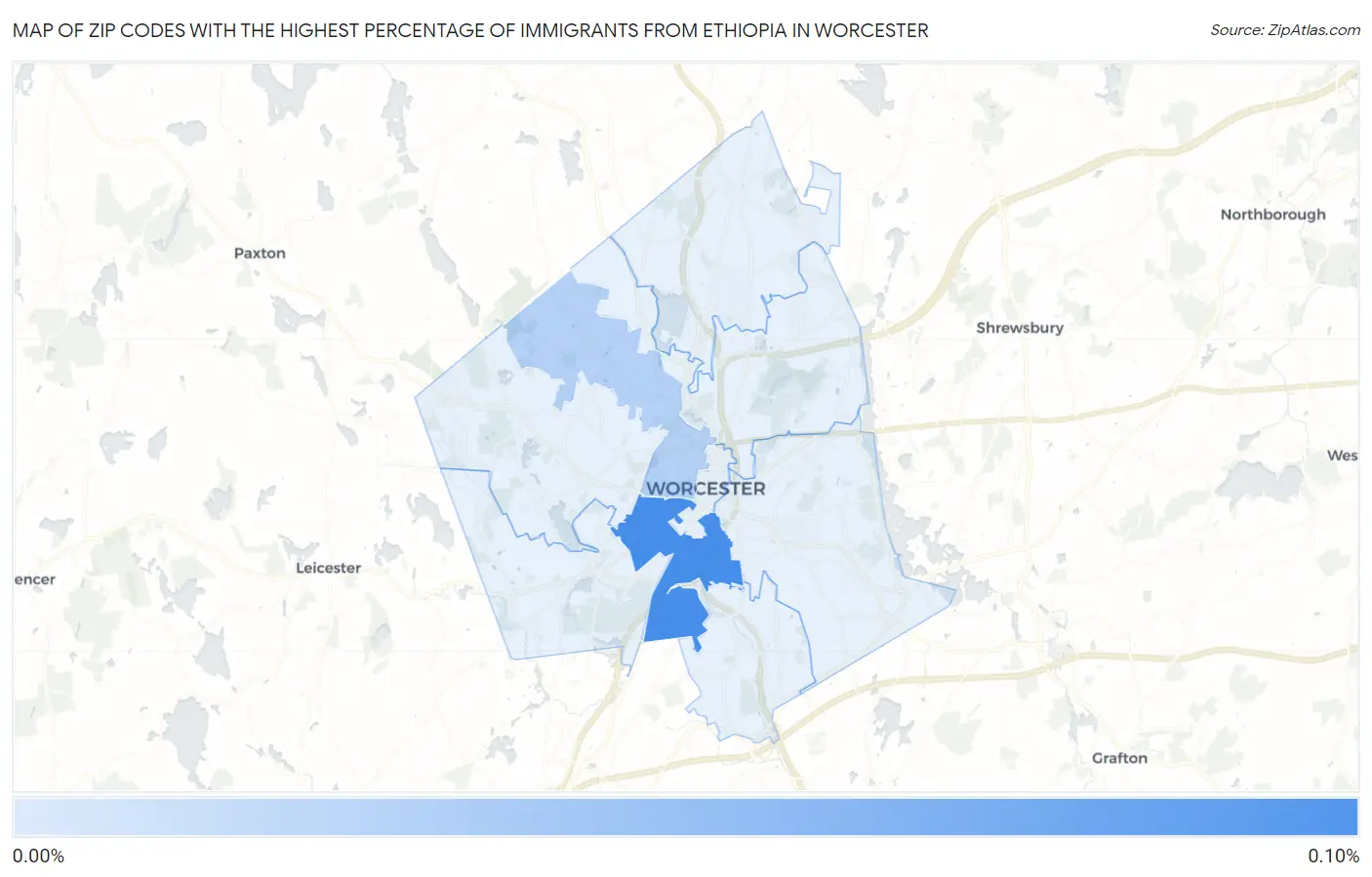 Zip Codes with the Highest Percentage of Immigrants from Ethiopia in Worcester Map