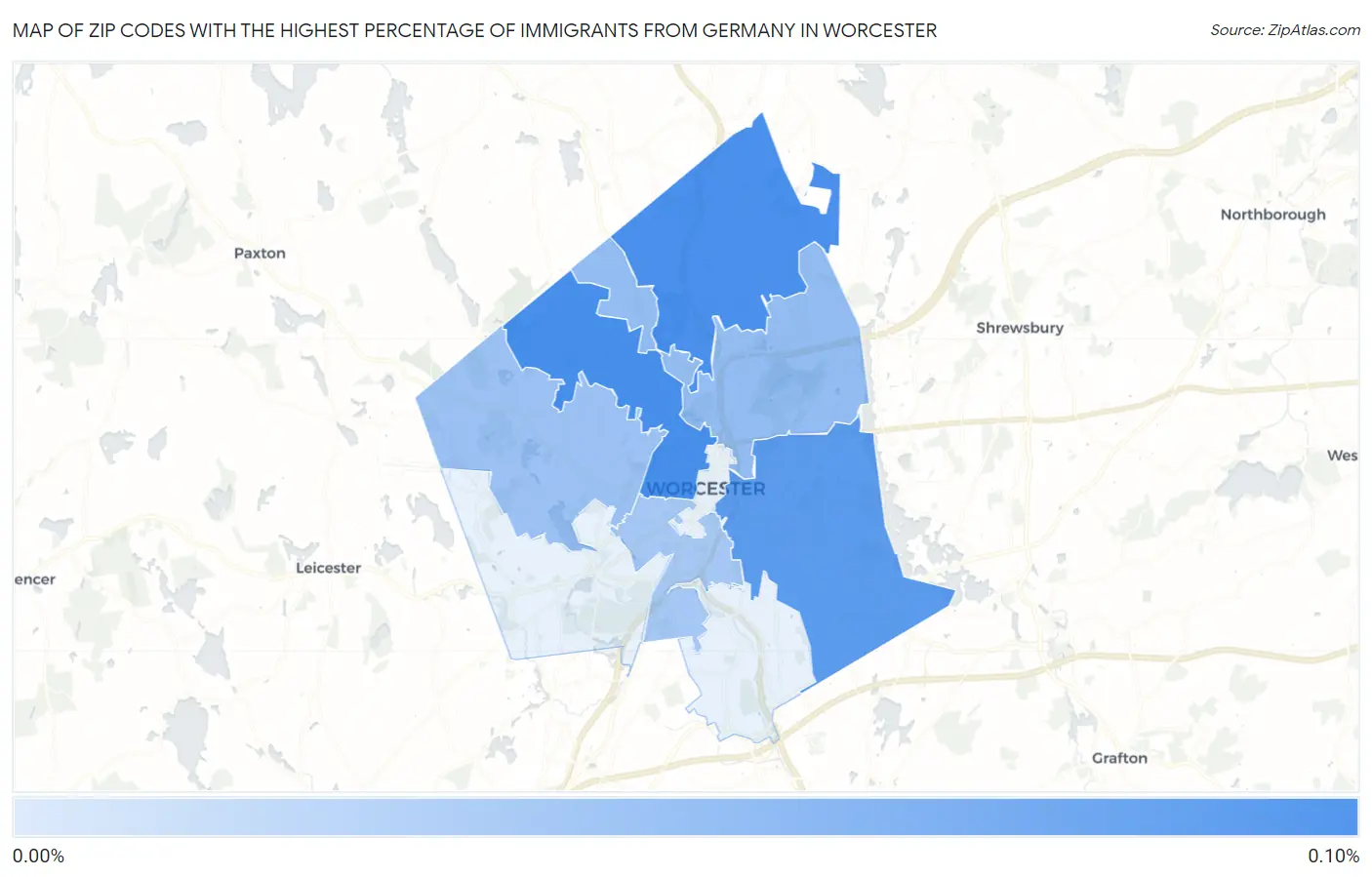 Zip Codes with the Highest Percentage of Immigrants from Germany in Worcester Map