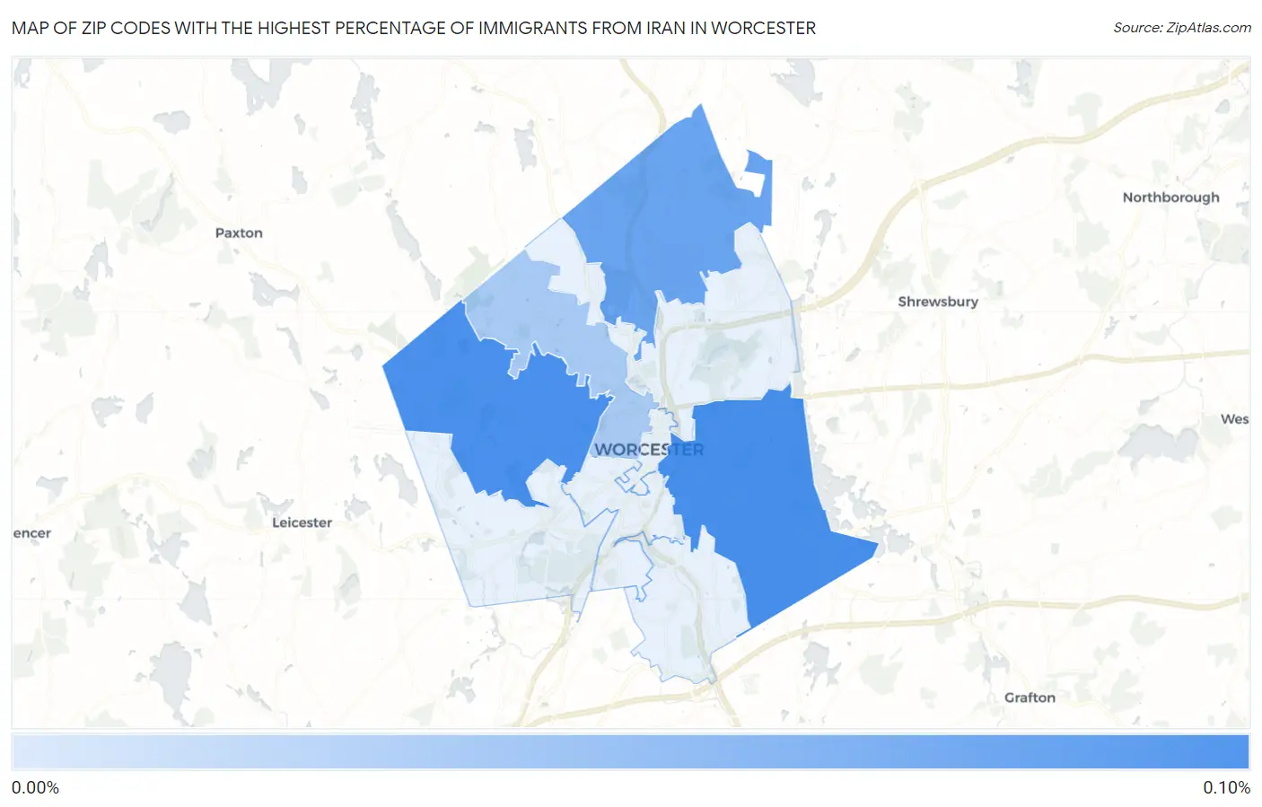 Zip Codes with the Highest Percentage of Immigrants from Iran in Worcester Map