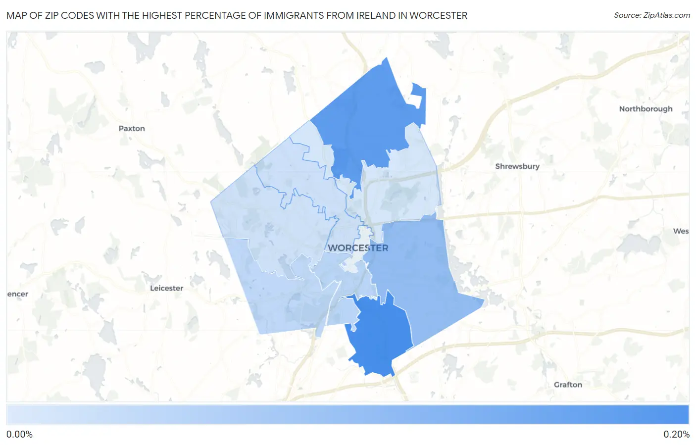 Zip Codes with the Highest Percentage of Immigrants from Ireland in Worcester Map