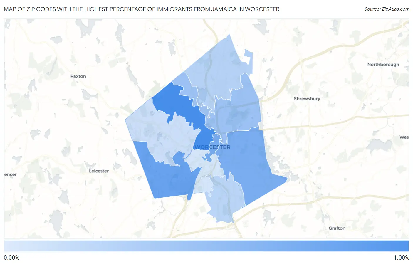 Zip Codes with the Highest Percentage of Immigrants from Jamaica in Worcester Map