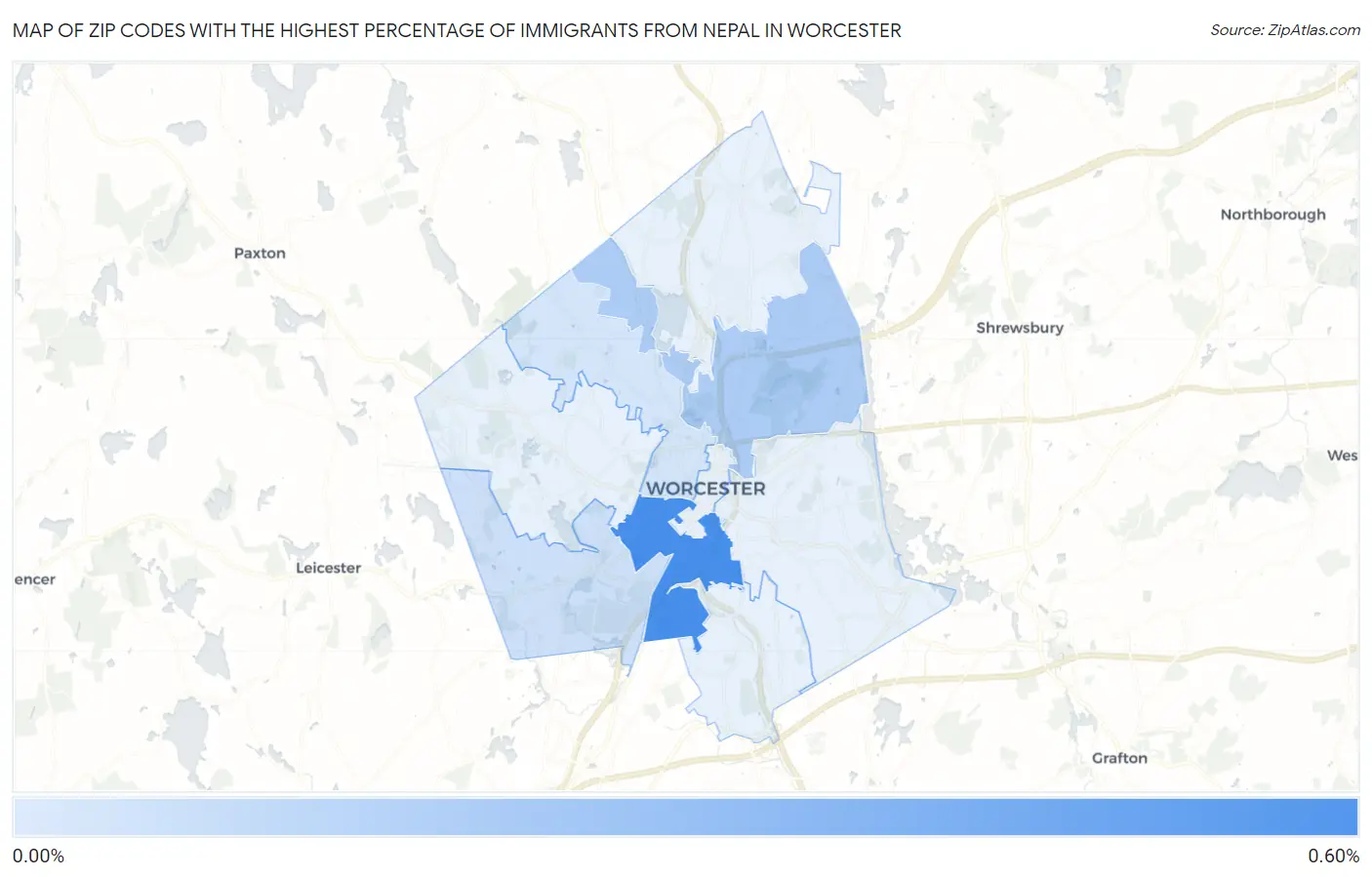 Zip Codes with the Highest Percentage of Immigrants from Nepal in Worcester Map