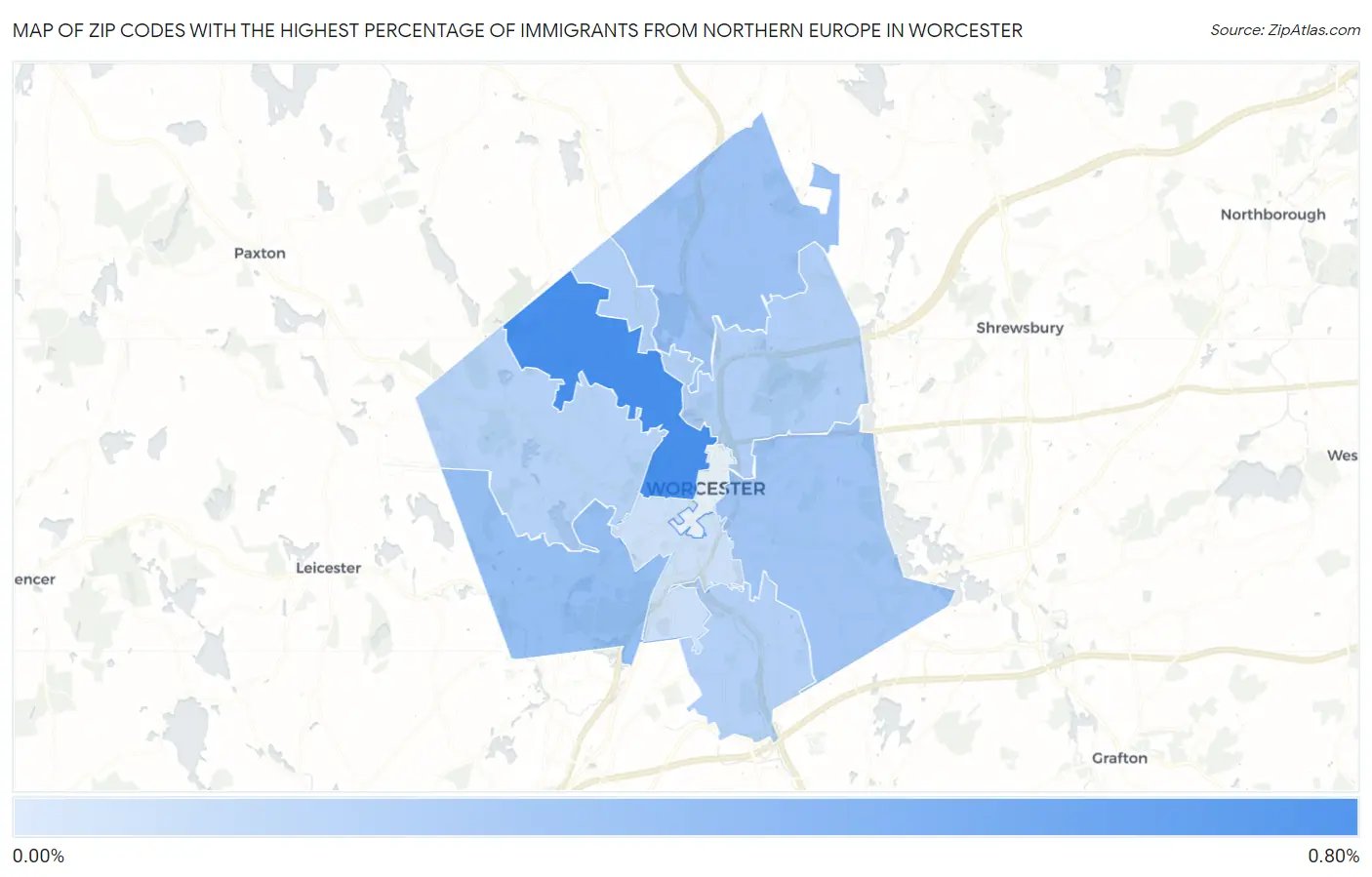Zip Codes with the Highest Percentage of Immigrants from Northern Europe in Worcester Map