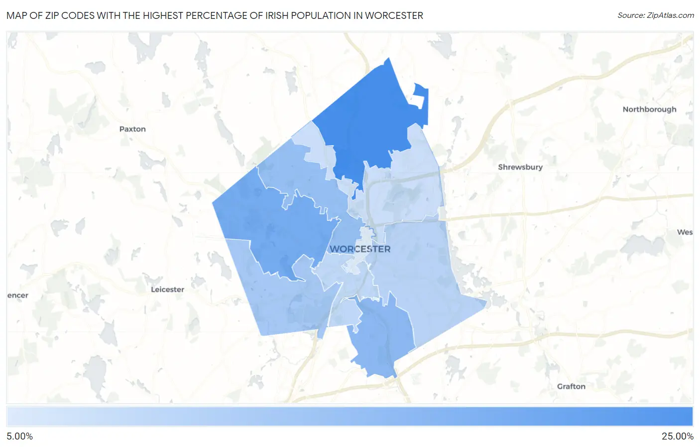 Zip Codes with the Highest Percentage of Irish Population in Worcester Map
