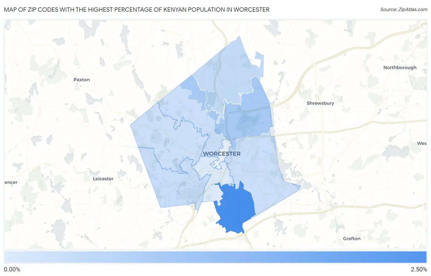 Zip Codes with the Highest Percentage of Kenyan Population in Worcester Map