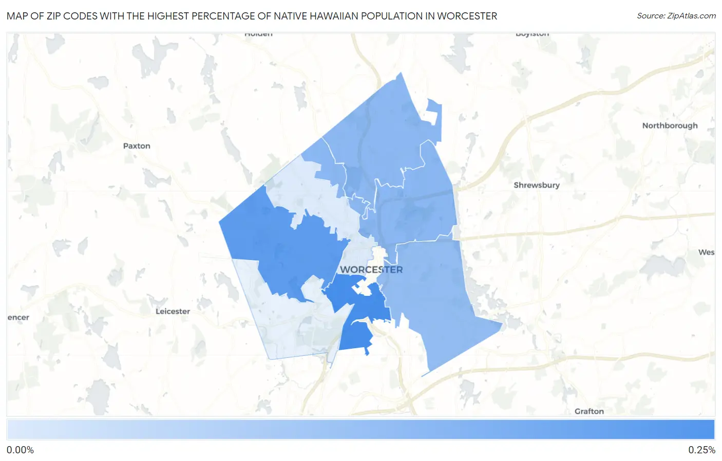 Zip Codes with the Highest Percentage of Native Hawaiian Population in Worcester Map