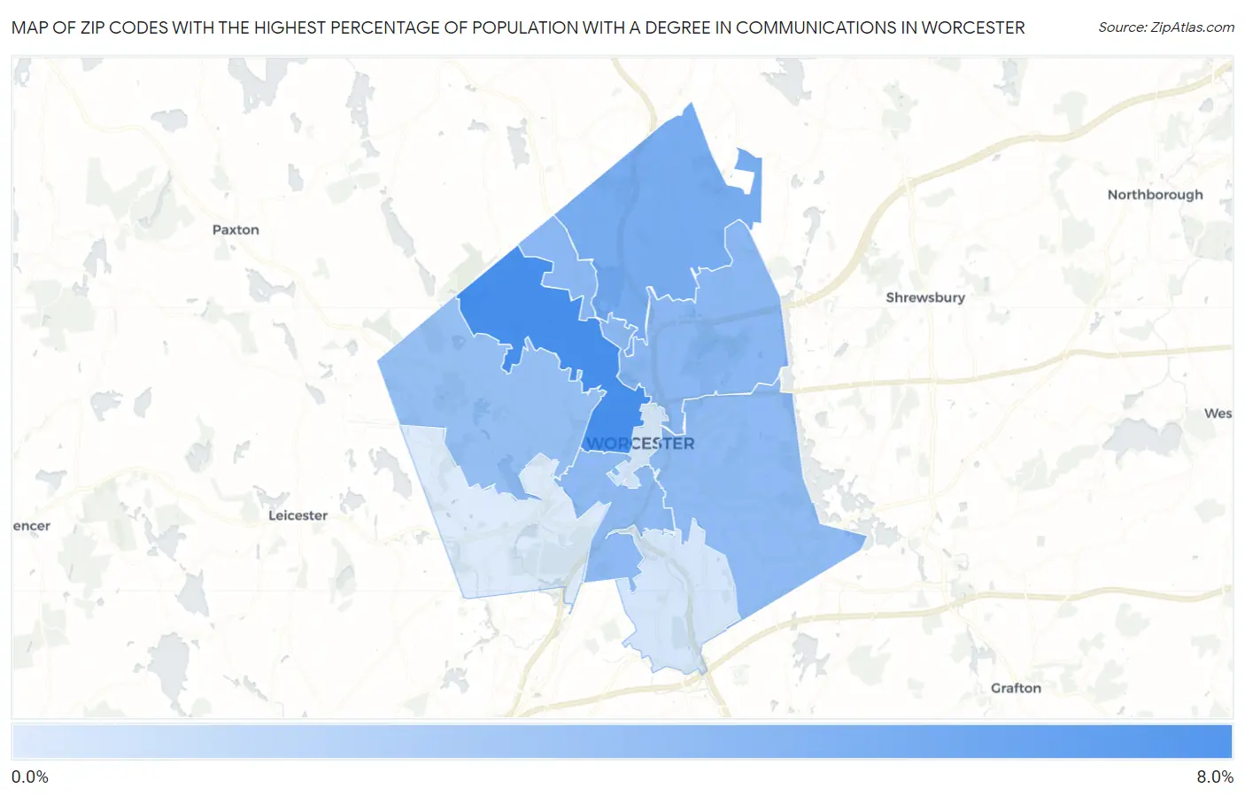 Zip Codes with the Highest Percentage of Population with a Degree in Communications in Worcester Map