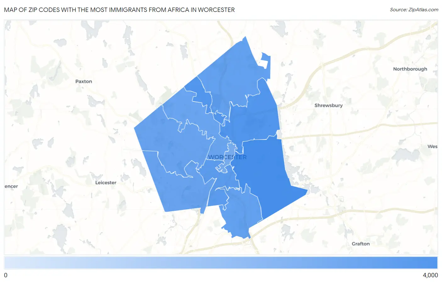 Zip Codes with the Most Immigrants from Africa in Worcester Map