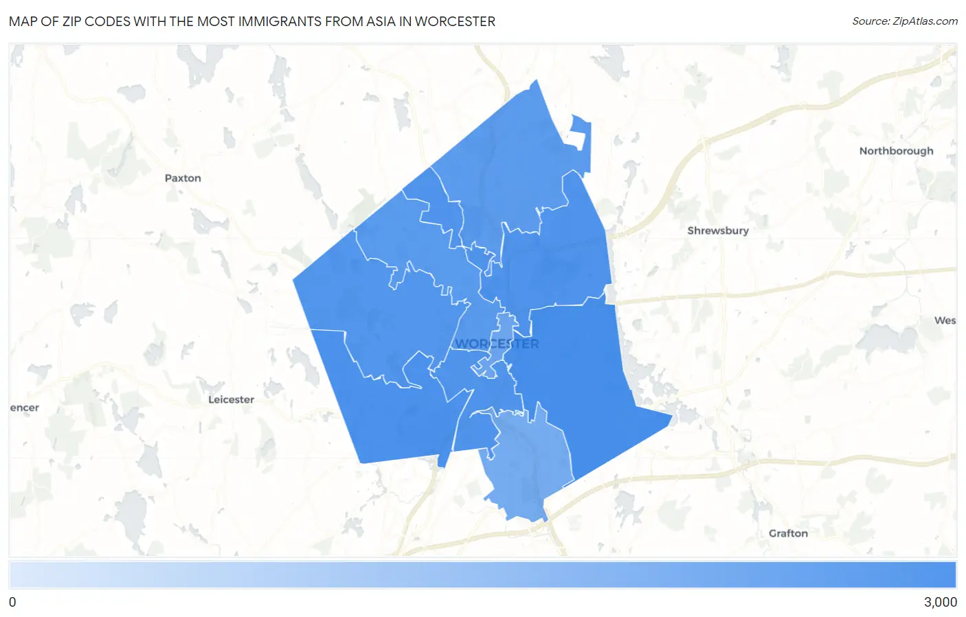 Zip Codes with the Most Immigrants from Asia in Worcester Map