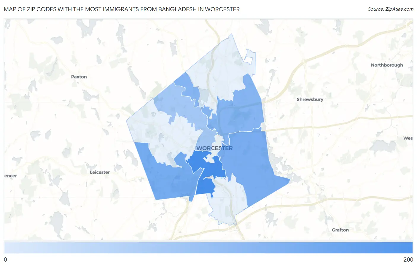 Zip Codes with the Most Immigrants from Bangladesh in Worcester Map