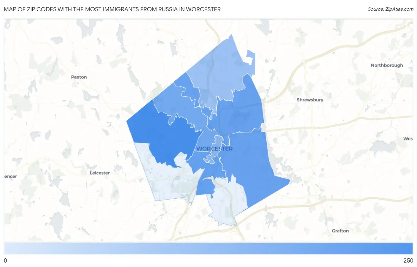Zip Codes with the Most Immigrants from Russia in Worcester Map
