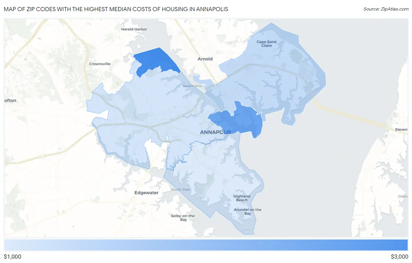 Zip Codes with the Highest Median Costs of Housing in Annapolis Map