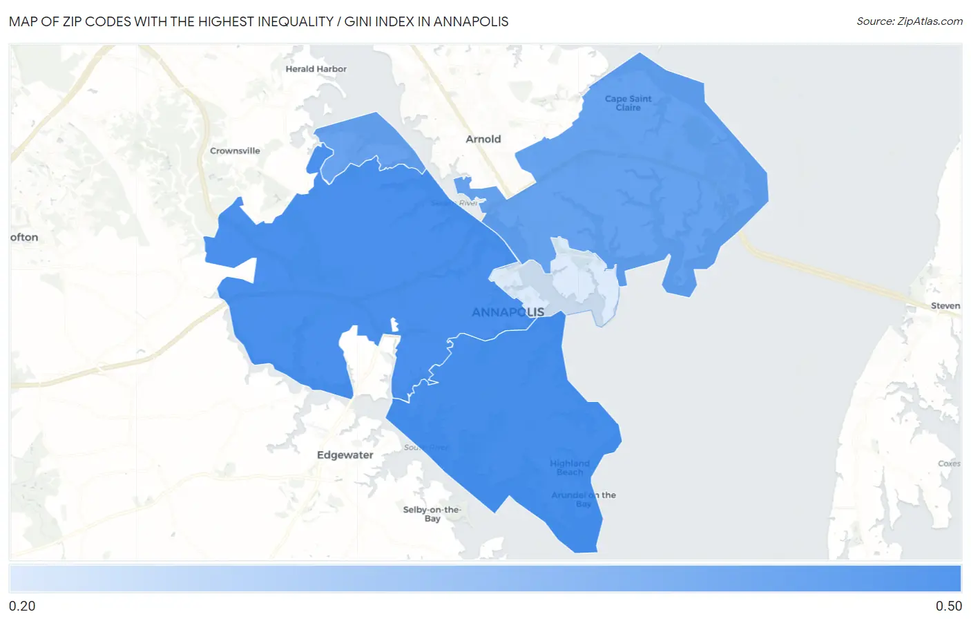 Zip Codes with the Highest Inequality / Gini Index in Annapolis Map
