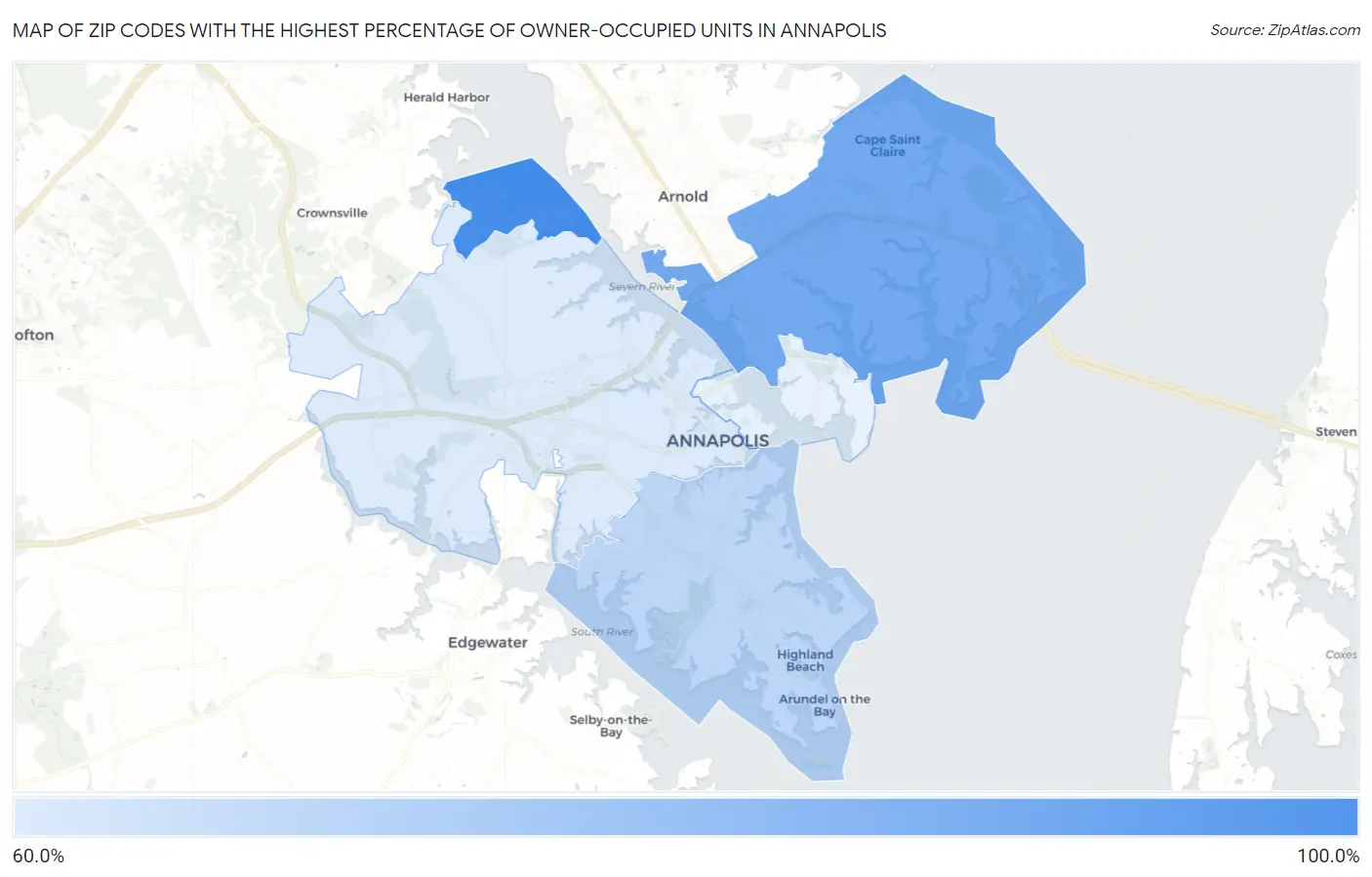 Zip Codes with the Highest Percentage of Owner-Occupied Units in Annapolis Map