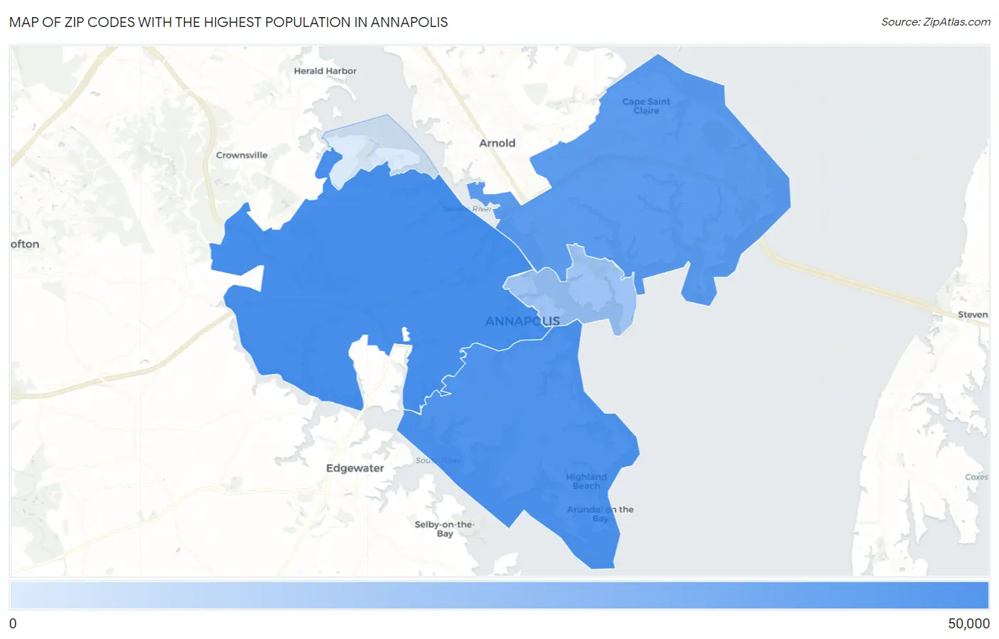 Zip Codes with the Highest Population in Annapolis Map