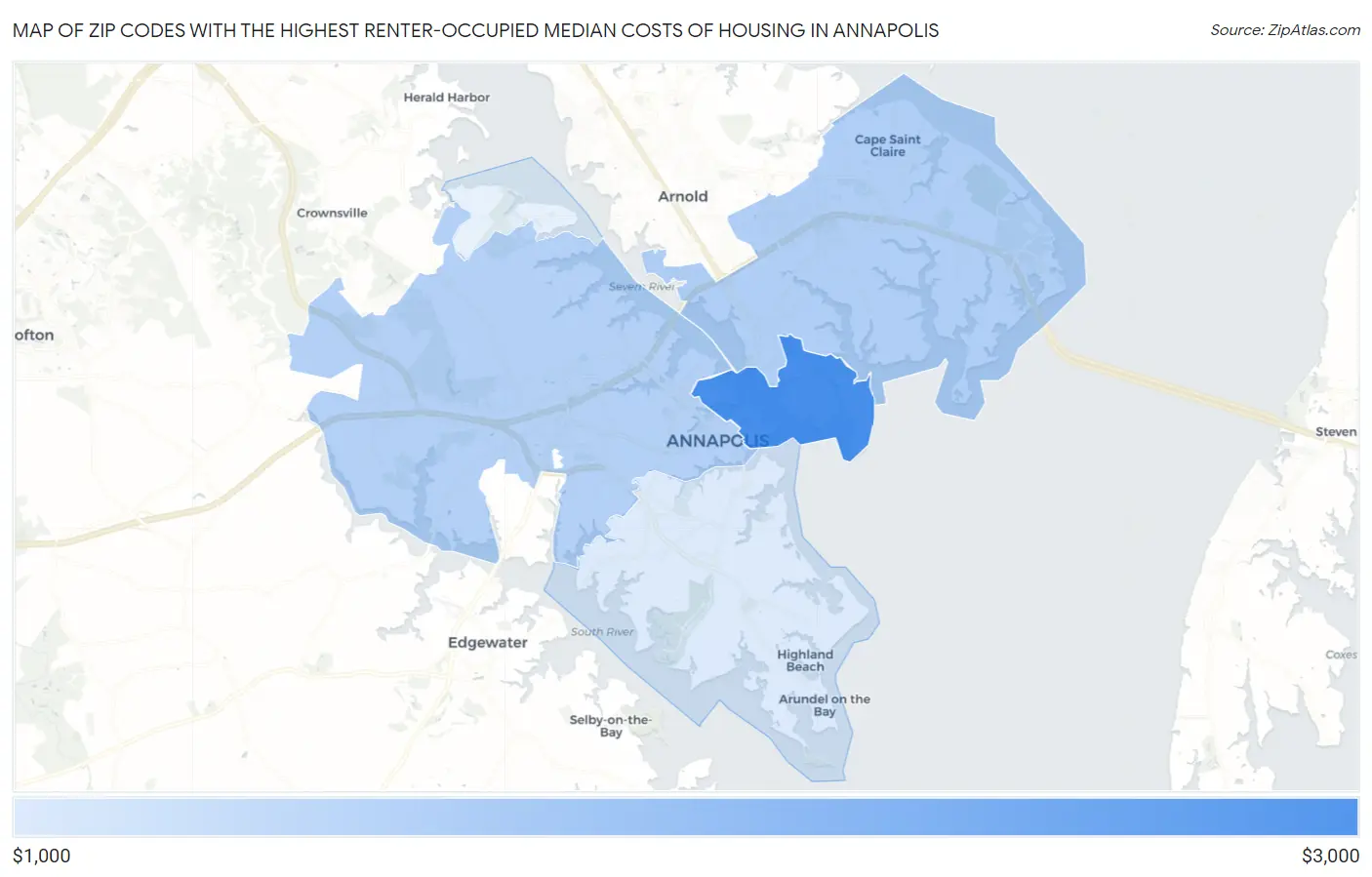Zip Codes with the Highest Renter-Occupied Median Costs of Housing in Annapolis Map
