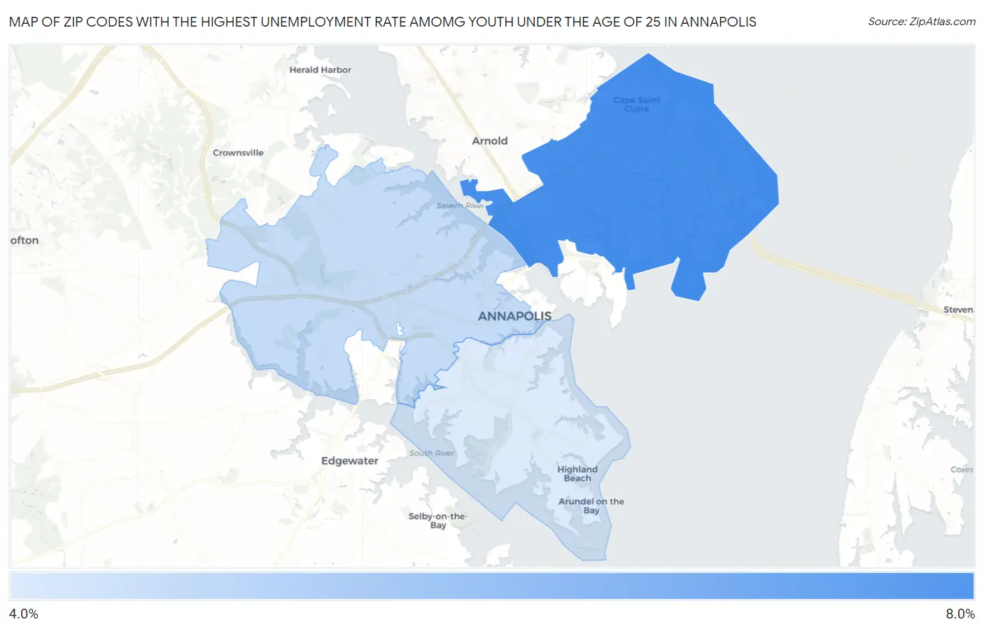 Zip Codes with the Highest Unemployment Rate Amomg Youth Under the Age of 25 in Annapolis Map