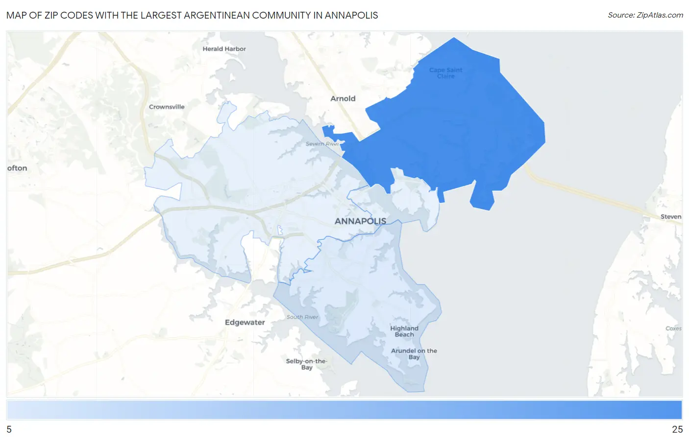 Zip Codes with the Largest Argentinean Community in Annapolis Map