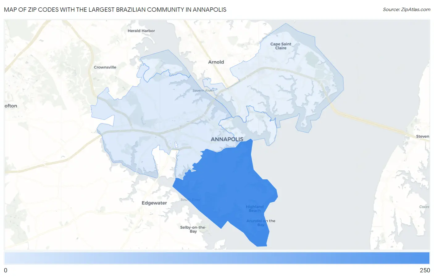 Zip Codes with the Largest Brazilian Community in Annapolis Map