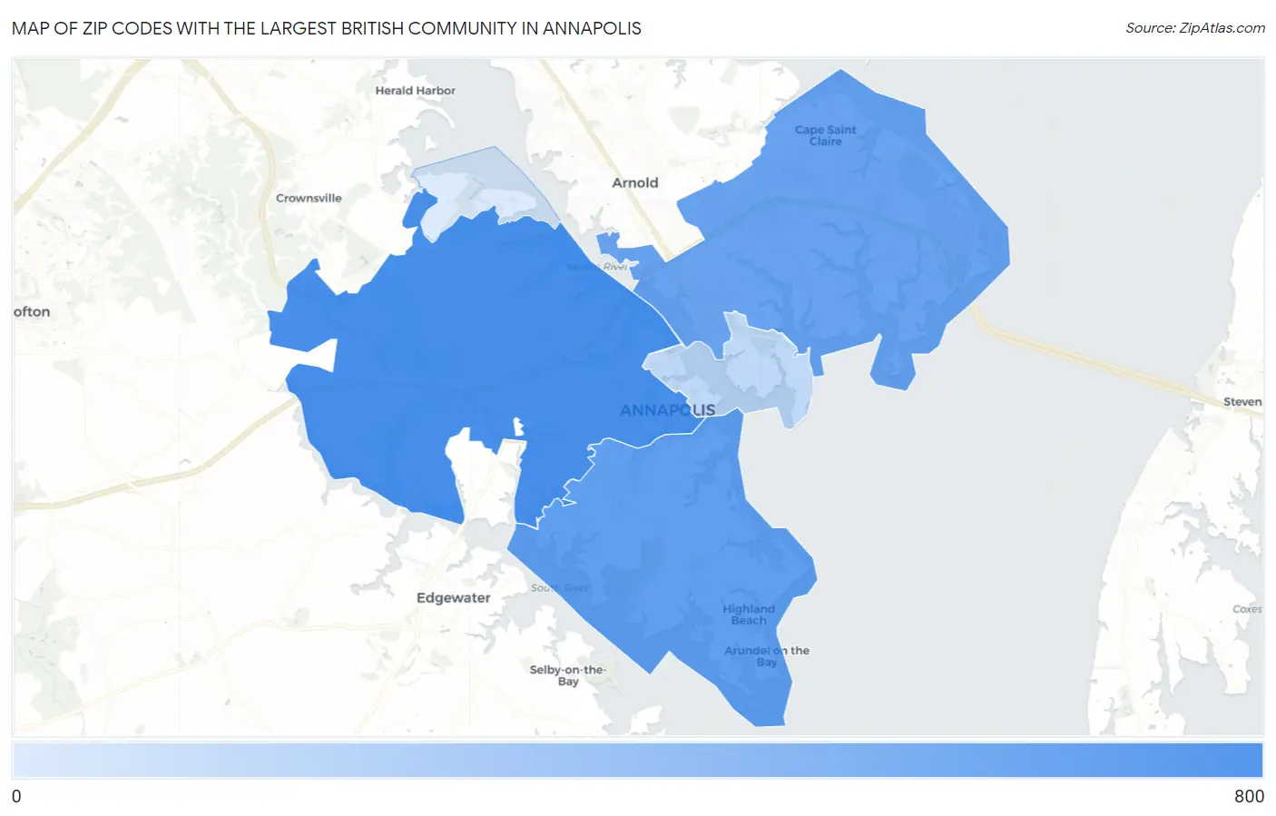 Zip Codes with the Largest British Community in Annapolis Map