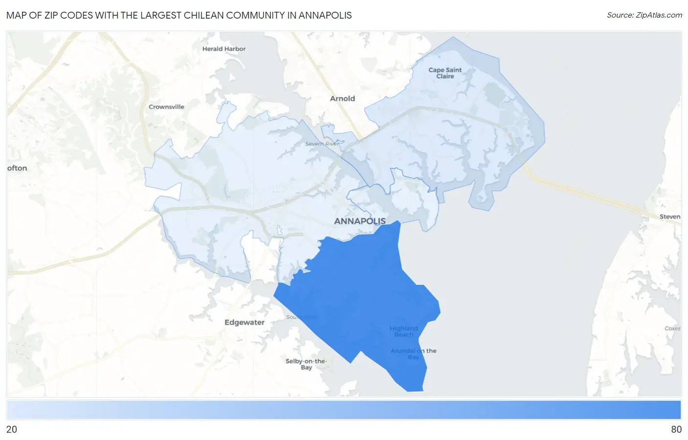 Zip Codes with the Largest Chilean Community in Annapolis Map