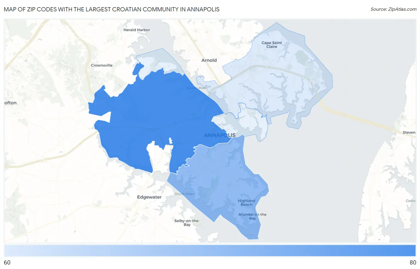 Zip Codes with the Largest Croatian Community in Annapolis Map