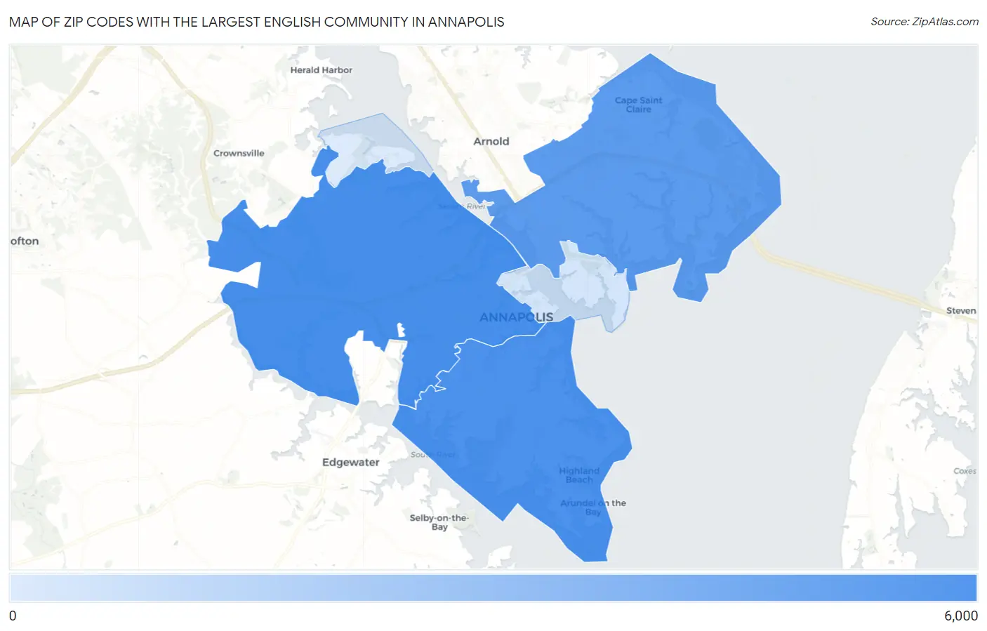Zip Codes with the Largest English Community in Annapolis Map